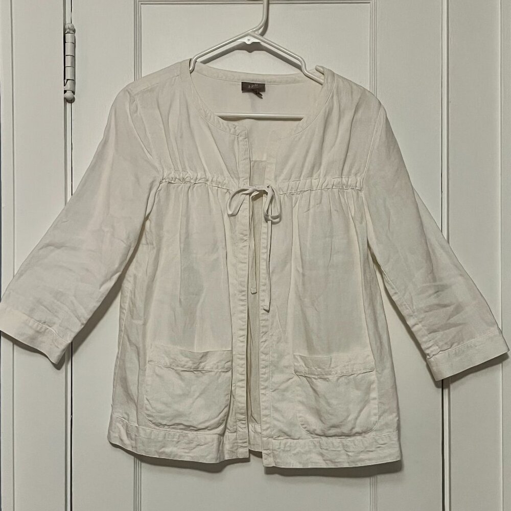 J Jill 100% linen open tie front cardigan size XS pockets peasant boho neutral